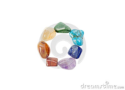 All seven chakra colors aligned in semi precious stone crystal jewelry bracelet. Stock Photo