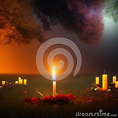 All Souls Day,All Saints Day Backdrop. Lit Candles, Gloomy Concept And Creative Background. Digital Art Stock Photo