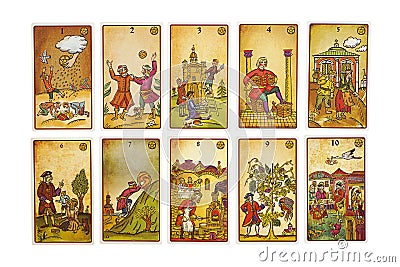 All tarot minor arcana pentacles suit cards background of Lubok esoteric deck Stock Photo