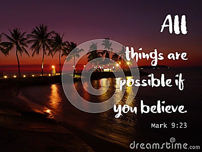 All thing are possible design bible verse for Christianity with sunset background. Cartoon Illustration