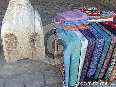 All type of scarfs in exposure on a table in Uzbekistan. Editorial Stock Photo