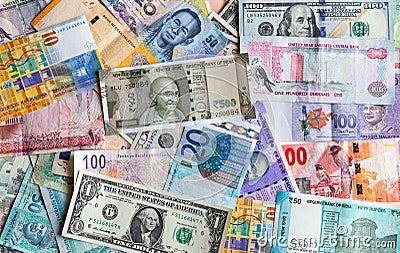 All types of currency note indicating world economy and crisis Stock Photo