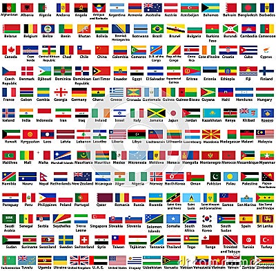 Vector set of all world countries sovereign states flags, arranged in alphabetical order Vector Illustration