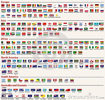 Vector set of all world flags arranged in alphabetical order and singled out by continents Vector Illustration