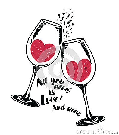 `All you need is love` poster with two wine glasses and hearts Vector Illustration