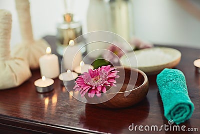 All for your wellness. various spa essentials arranged on a table. Stock Photo