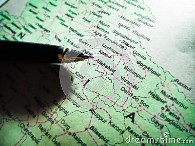 Allahabad city name displayed on geographic background with pen pointer Stock Photo