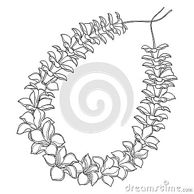 Vector outline Hawaiian lei necklace from tropical Allamanda flower and petal in black isolated on white background. Vector Illustration