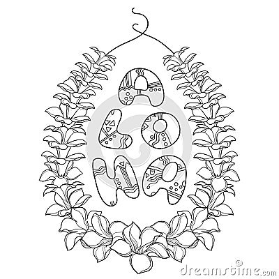 Vector outline Hawaiian lei necklace from tropical Allamanda flower and petal in black isolated on white background. Vector Illustration