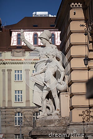 Allegorical sculpture composition Education on facade of Ivan Franko National University main building. Stock Photo