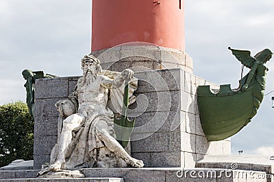 Allegorical sculpture of the Dnieper River and rostra at the base of the rostral column in St. Petersburg, Russia Stock Photo