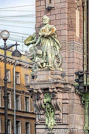 Allegorical sculpture of Industry on the facade of the Eliseyev Emporium Trading house of brothers Eliseev. St. Petersburg, Editorial Stock Photo