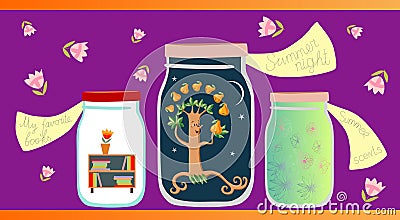 Allegorical vector illustration. My favorite books, summer night and summer scents in glass jars on lilac background. Vector Illustration