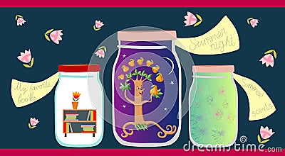 Allegorical vector illustration. My favorite books, summer night and summer scents in glass jars Vector Illustration