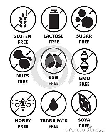 Allergen free labels set isolated on white Vector Illustration