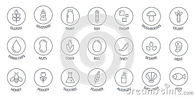 Allergen line icon big set. Nut, corn, milk, honey, gluten mustard, gmo sesame, lactose fish, egg mollusk free. Organic Vector Illustration