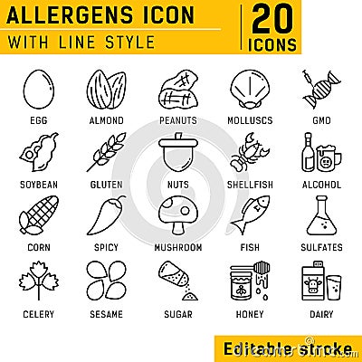 Allergens line icons set. Allergens icon set with line style. Editable stroke Vector Illustration