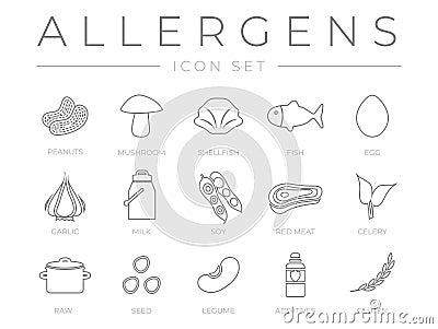 Allergens Outline Icon Set. Peanuts, Mushroom, Shellfish, Fish, Egg, Garlic, Milk, Soy Meat, Celery, Raw Food, Seed, Legume and Vector Illustration