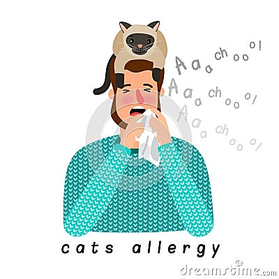 Allergic person with cat on head Vector Illustration
