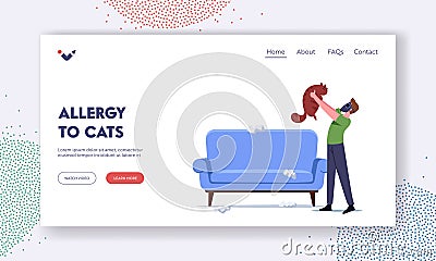 Allergic Reaction on Animal Fur Landing Page Template. Male Character in Respirator Mask Holding Cat Protect of Allergy Vector Illustration