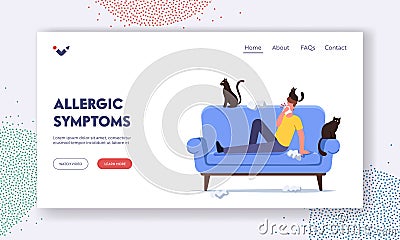 Allergic Symptoms Landing Page Template. Male Character with Cat Allergy Sneezing with Scatter Wipes around and Pets Vector Illustration