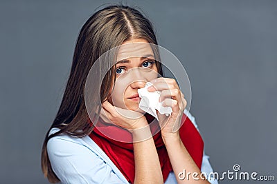 Allergies or flu sickness woman holding paper tissue Stock Photo