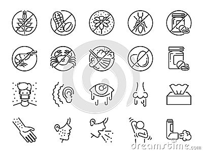 Allergies icon set. Included the icons as allergic diseases, dust allergy, food allergy, rhinitis, sinus Infection, asthma and mor Vector Illustration