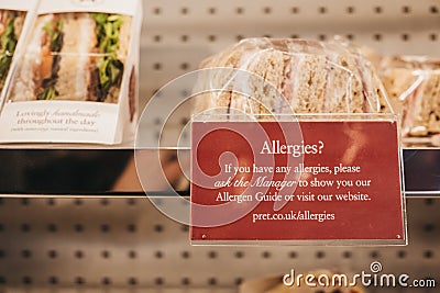 Allergies notice next to sandwiches inside Pret a Manger, London, UK Editorial Stock Photo