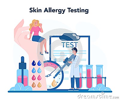 Allergist. Skin allergy testing. Disease with allergy symptom Vector Illustration