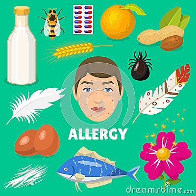 Allergy allergen food and allergic milk egg peanut and fish illustration of allergenicity set face of character with Cartoon Illustration