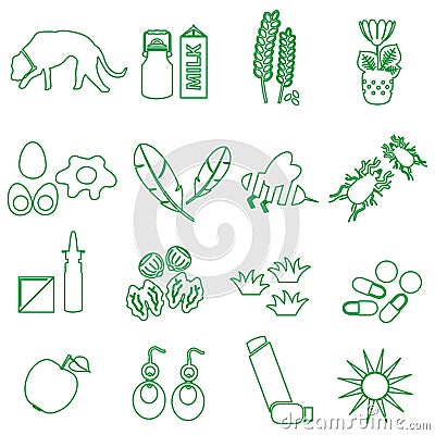 Allergy and allergens green outline icons set eps10 Vector Illustration