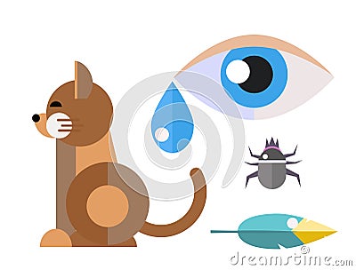 Allergy cat symbols disease healthcare viruses and health flat label people eye with illness allergen symptoms disease Vector Illustration