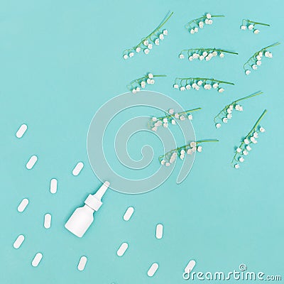 Allergy concept. Nose spray, tablets and capsules against allergies to pollen of flowering plants Stock Photo