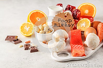 Allergy food concept. Allergies to fish, eggs, citrus fruits, ch Stock Photo