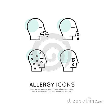 Allergy, Food and Domestic Pet Intolerance, Skin Reaction, Eye and Nose Disease, Web Icons Isolated Collection Vector Illustration