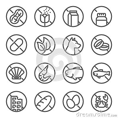 Allergy set vector illustration. Contains such icon as Peanut, Chocolate, Milk, Shell Fish, Wheat and more. Expanded Stroke Vector Illustration