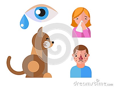 Allergy symbols animal disease healthcare cat viruses and health flat label people with illness allergen symptoms Vector Illustration