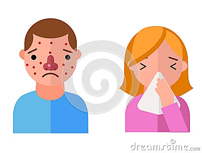Allergy symbols disease healthcare characters viruses and health flat label people with illness allergen symptoms Vector Illustration