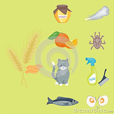 Allergy symbols disease healthcare food viruses health flat Vector Illustration