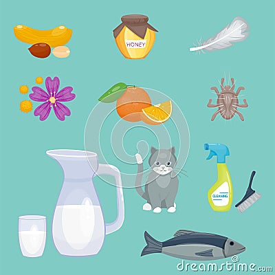 Allergy symbols disease healthcare food viruses health flat illness allergen symptoms disease information vector Vector Illustration