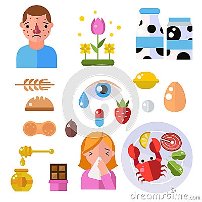 Allergy symbols disease healthcare tablets viruses and health flat label people with illness allergen symptoms disease Vector Illustration