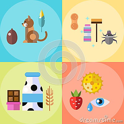 Allergy symbols disease healthcare tablets viruses and health flat label people with illness allergen symptoms disease Vector Illustration