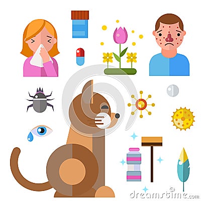 Allergy symbols disease healthcare tablets viruses and health flat label people with illness allergen symptoms disease Vector Illustration