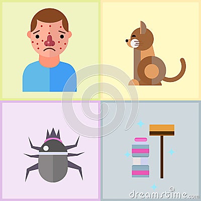 Allergy symbols disease healthcare tablets viruses and health flat label people with illness allergen symptoms disease Vector Illustration