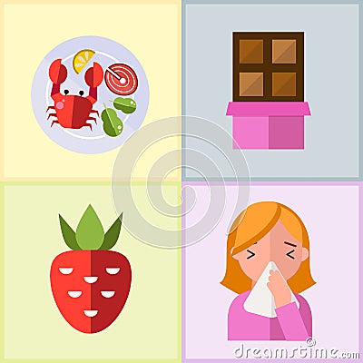 Allergy symbols disease healthcare tablets viruses and health flat label people with illness allergen symptoms disease Vector Illustration