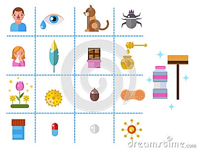 Allergy symbols disease healthcare tablets viruses and health flat label people with illness allergen symptoms disease Vector Illustration