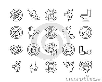 Allergy and symptoms line black icons set. Dermatological, infectious disease. Food intolerance, poisoning. Flu, influenza. Sign Vector Illustration