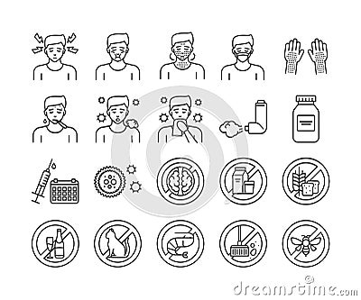 Allergy and symptoms line black icons set. Food intolerance, poisoning. Dermatological, infectious disease. Isolated Vector Illustration