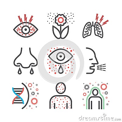 Allergy symptoms line icons infographic. Vector sign for web graphic. Vector Illustration