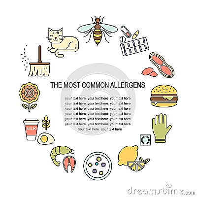 Allergy symptoms vector flat style illustration. The most common allergens icons set. Medicine and health symbols. Vector Illustration